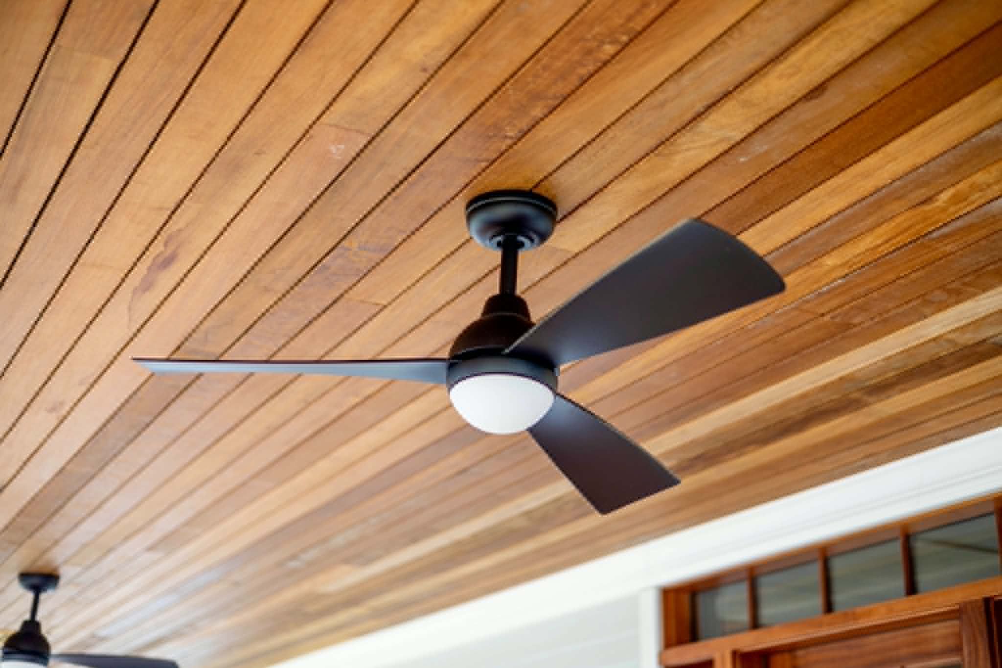 Covered deck ceiling and fan finish detail — Legacy Peak Roofing & Construction, New Jersey
